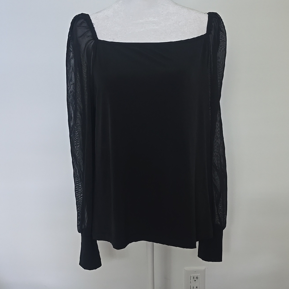 Tahari Elegant Black Blouse with Sheer Sleeves
